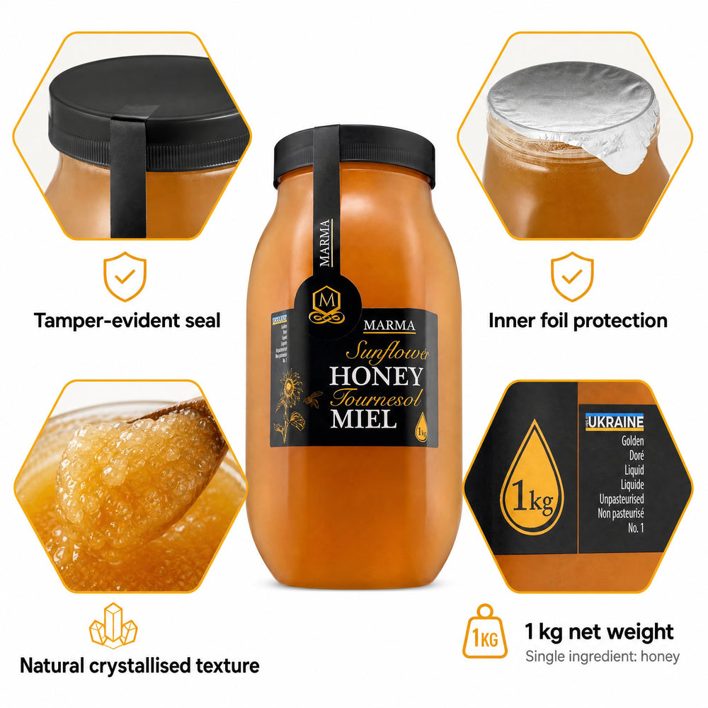 HONIGMA spoon pouring honey into cup showing easy stirring and sweetening benefit