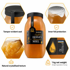 HONIGMA spoon pouring honey into cup showing easy stirring and sweetening benefit