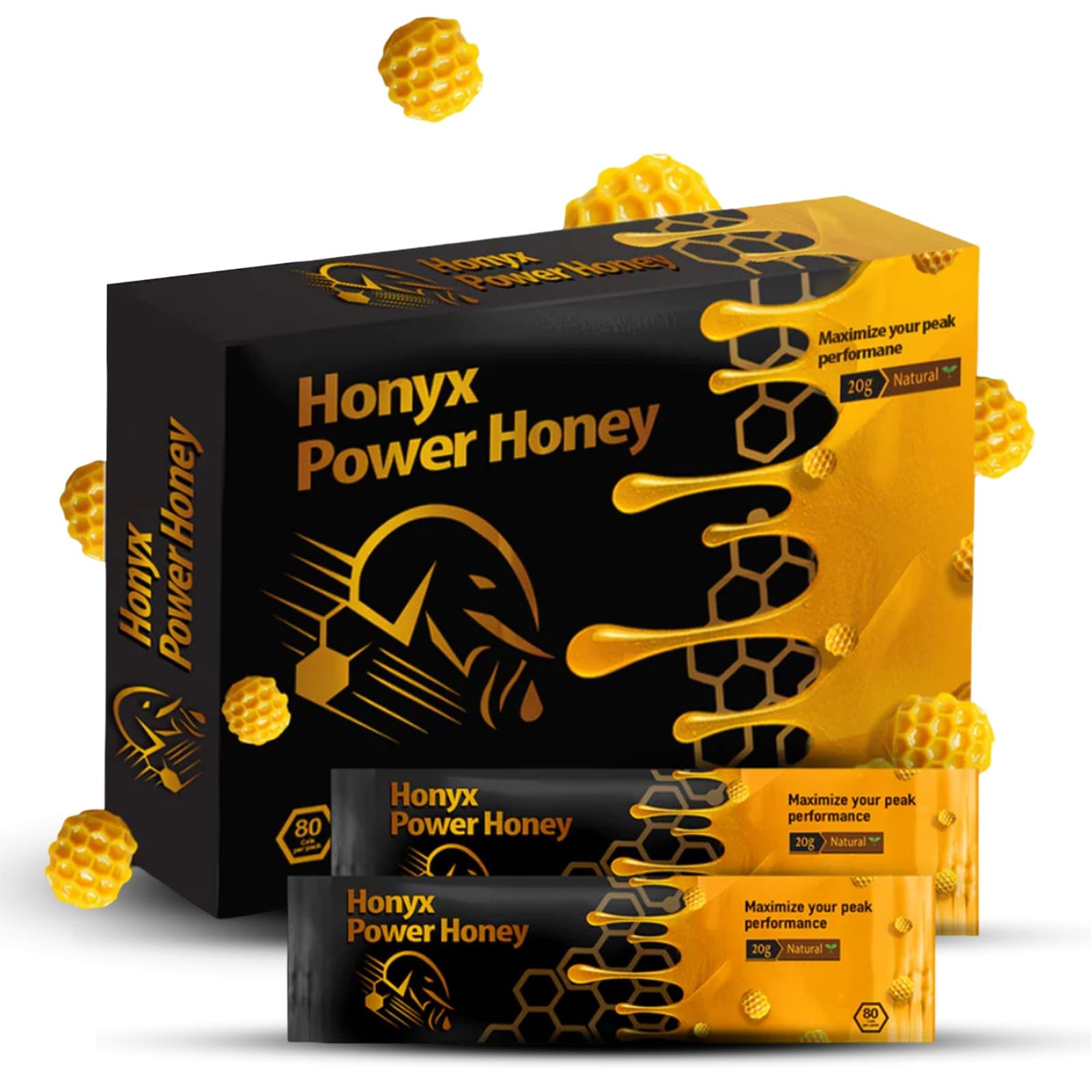 HONYX front box packaging showing ten sealed honey sticks and branding benefit convenience
