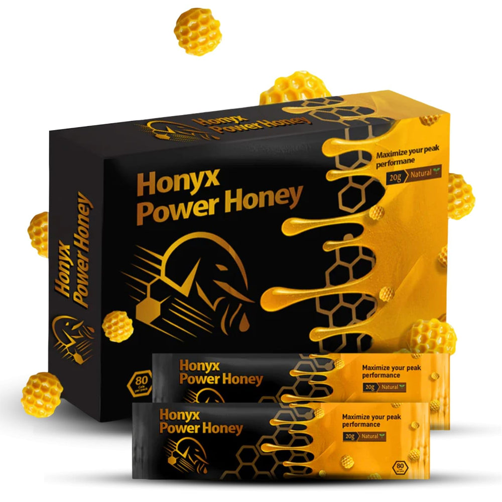 HONYX front box packaging showing ten sealed honey sticks and branding benefit convenience