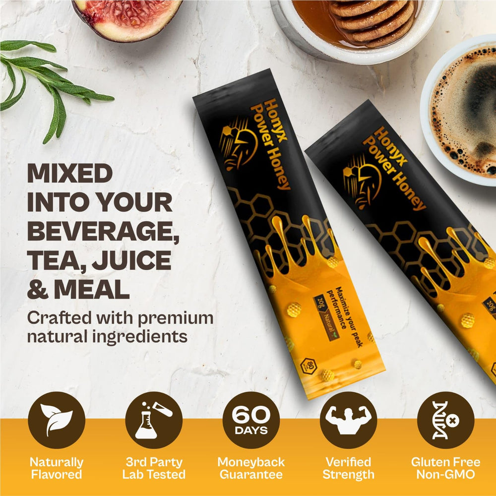HONYX packet open pouring honey texture showing smooth consistency for mixing