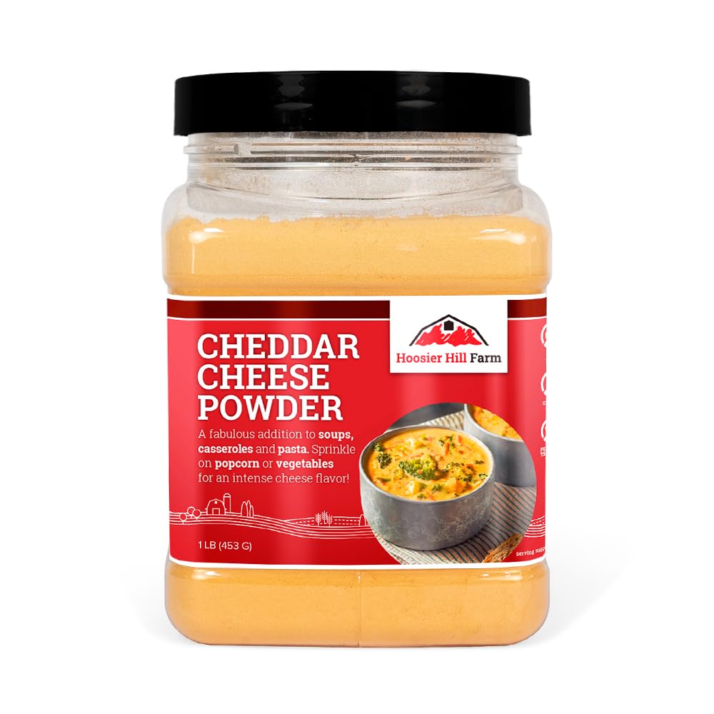 Hoosier Hill Farm front packaging showing 1 lb cheddar powder and clear use benefit
