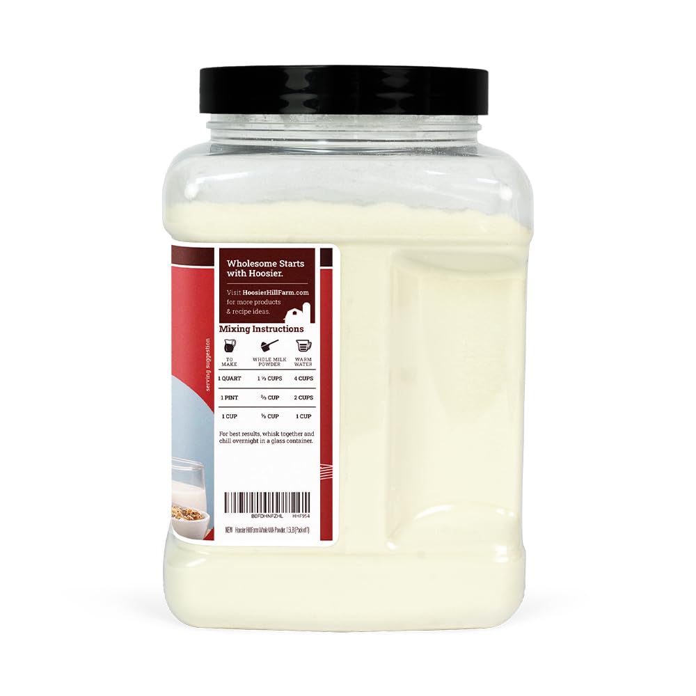 Hoosier Hill Farm powder in airtight storage container with scale, showing space-saving shelf life benefit