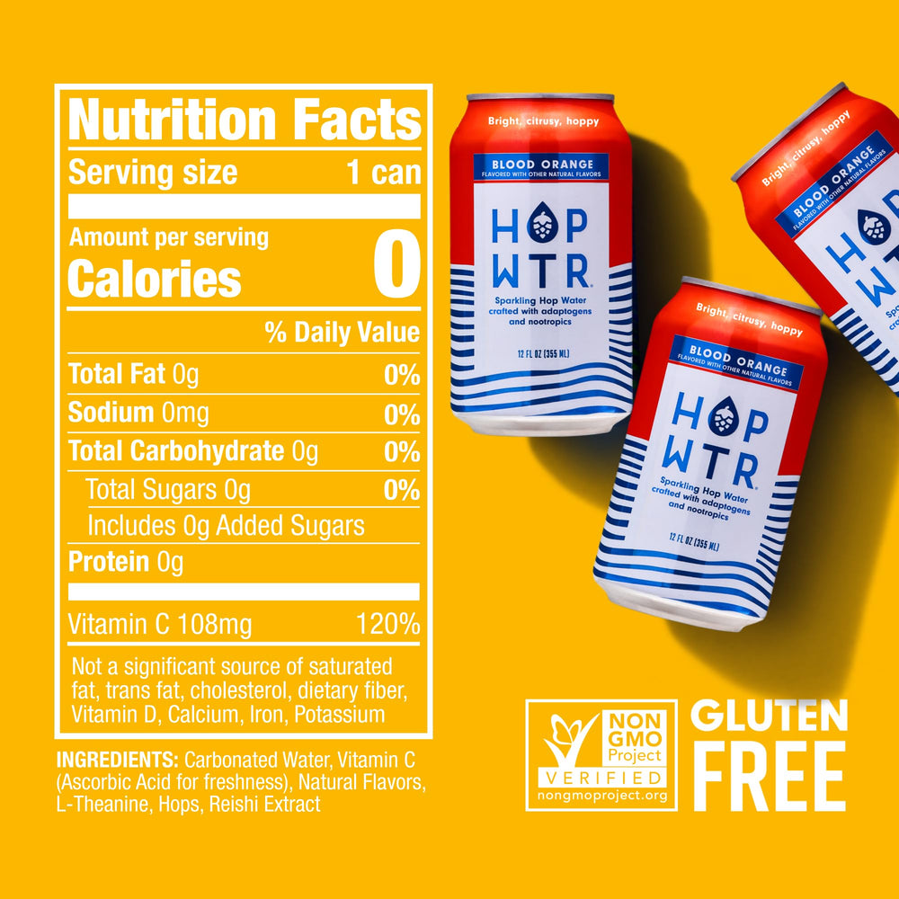 HOPWTR blood orange can close-up highlighting label and hoppy aroma benefit