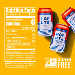 HOPWTR blood orange can close-up highlighting label and hoppy aroma benefit