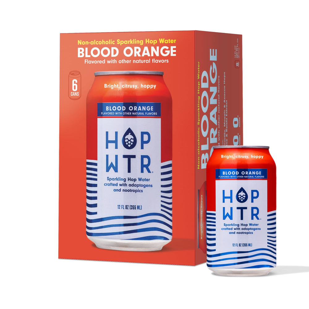 HOPWTR front packaging showing six-pack and blood orange branding benefits refreshing flavor