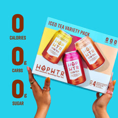 HOPWTR Peach Iced Tea can detail showcasing fruity notes and sugar-free benefit
