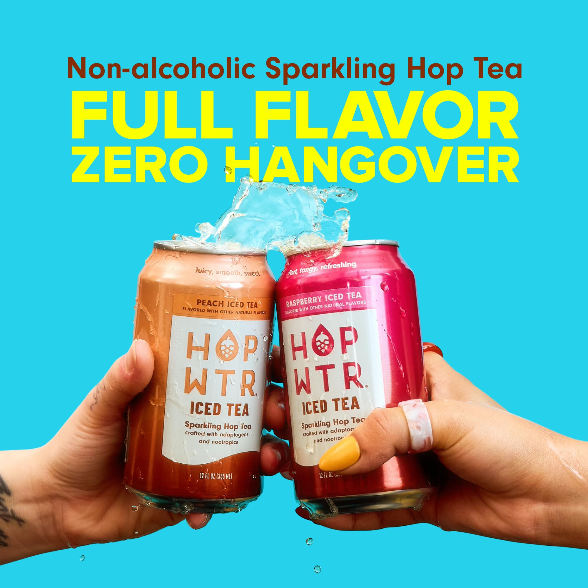 HOPWTR Raspberry Iced Tea can close-up highlighting hop aroma and bright flavor