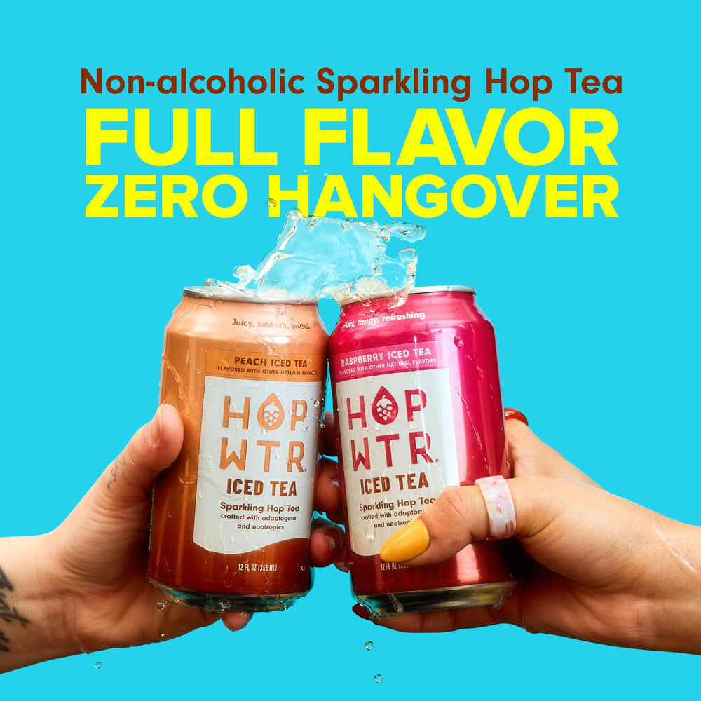 HOPWTR Raspberry Iced Tea can close-up highlighting hop aroma and bright flavor