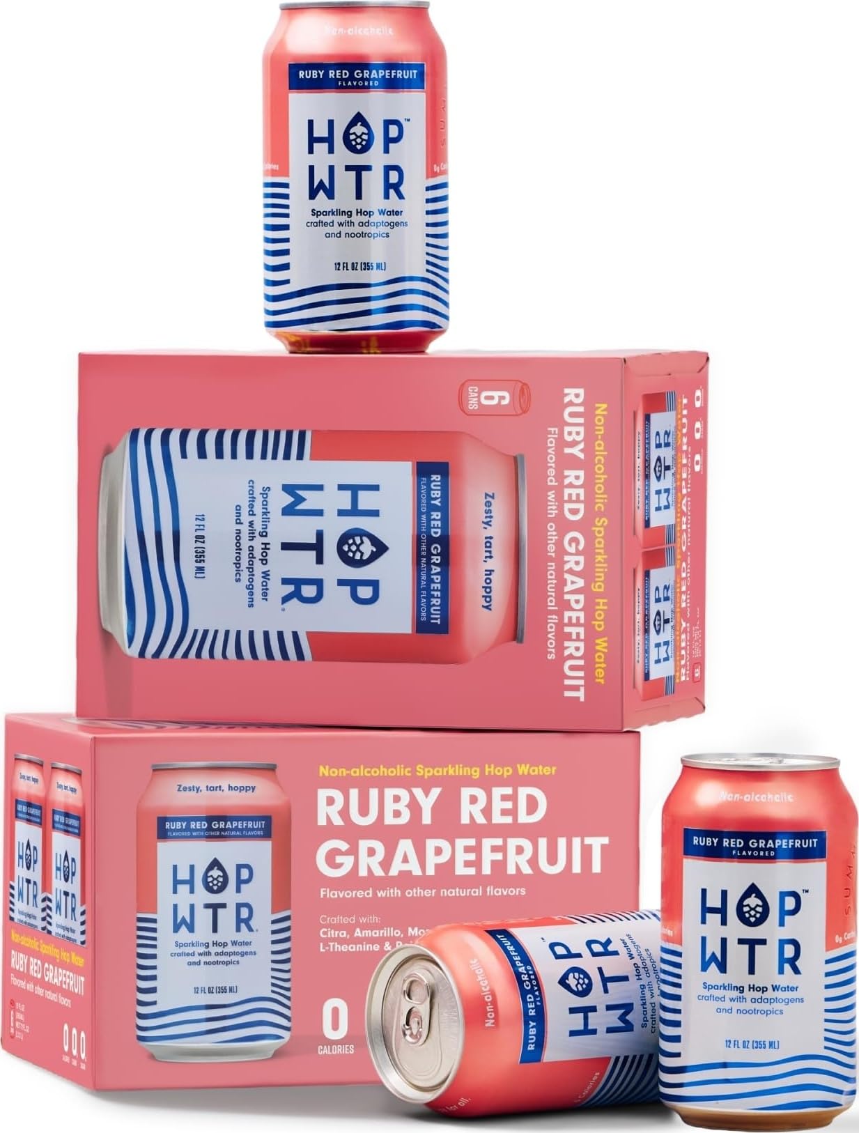 HOPWTR front packaging showing 12-pack and bright grapefruit appeal