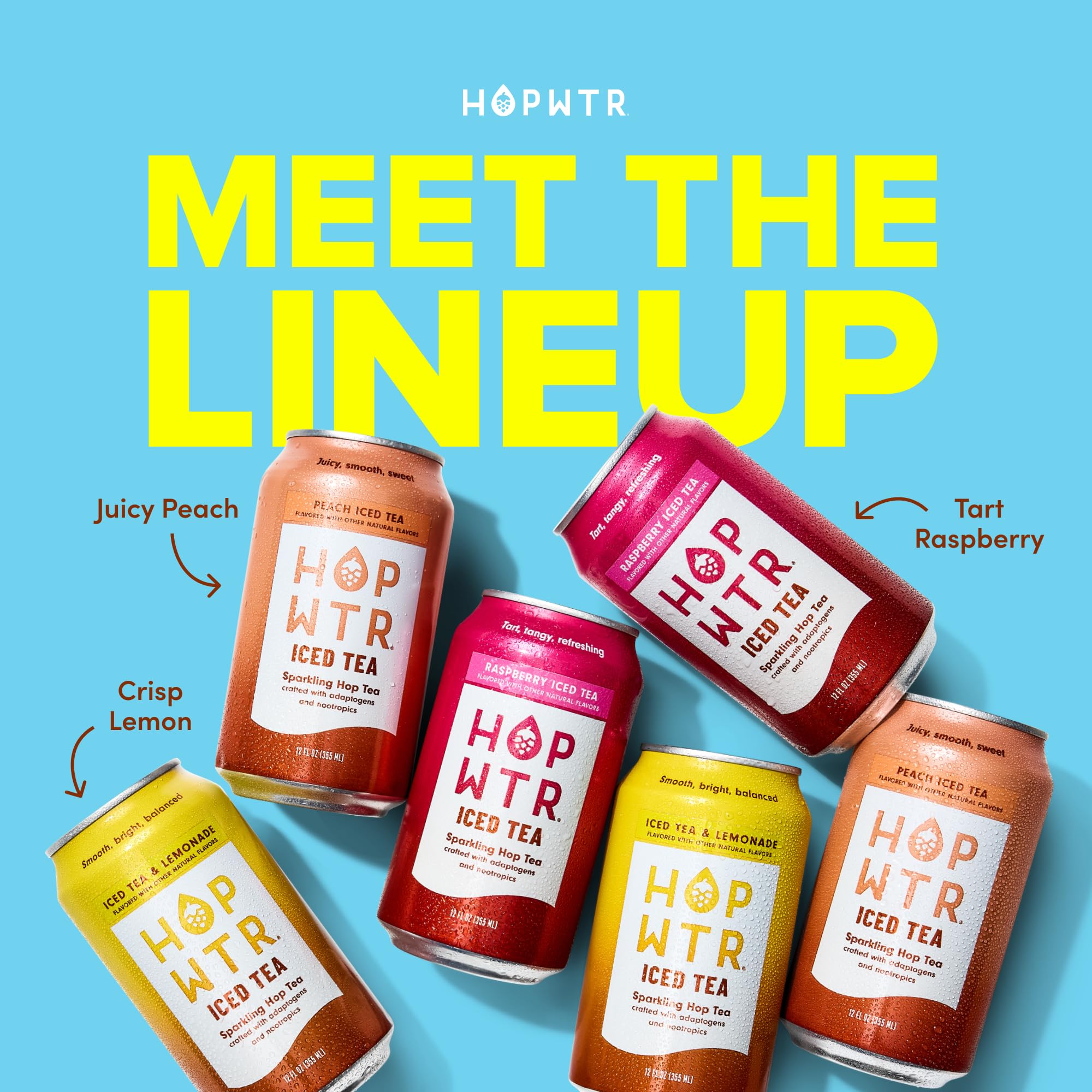 12-pack of HOPWTR iced tea lemonade arranged on a shelf illustrating bulk purchase convenience