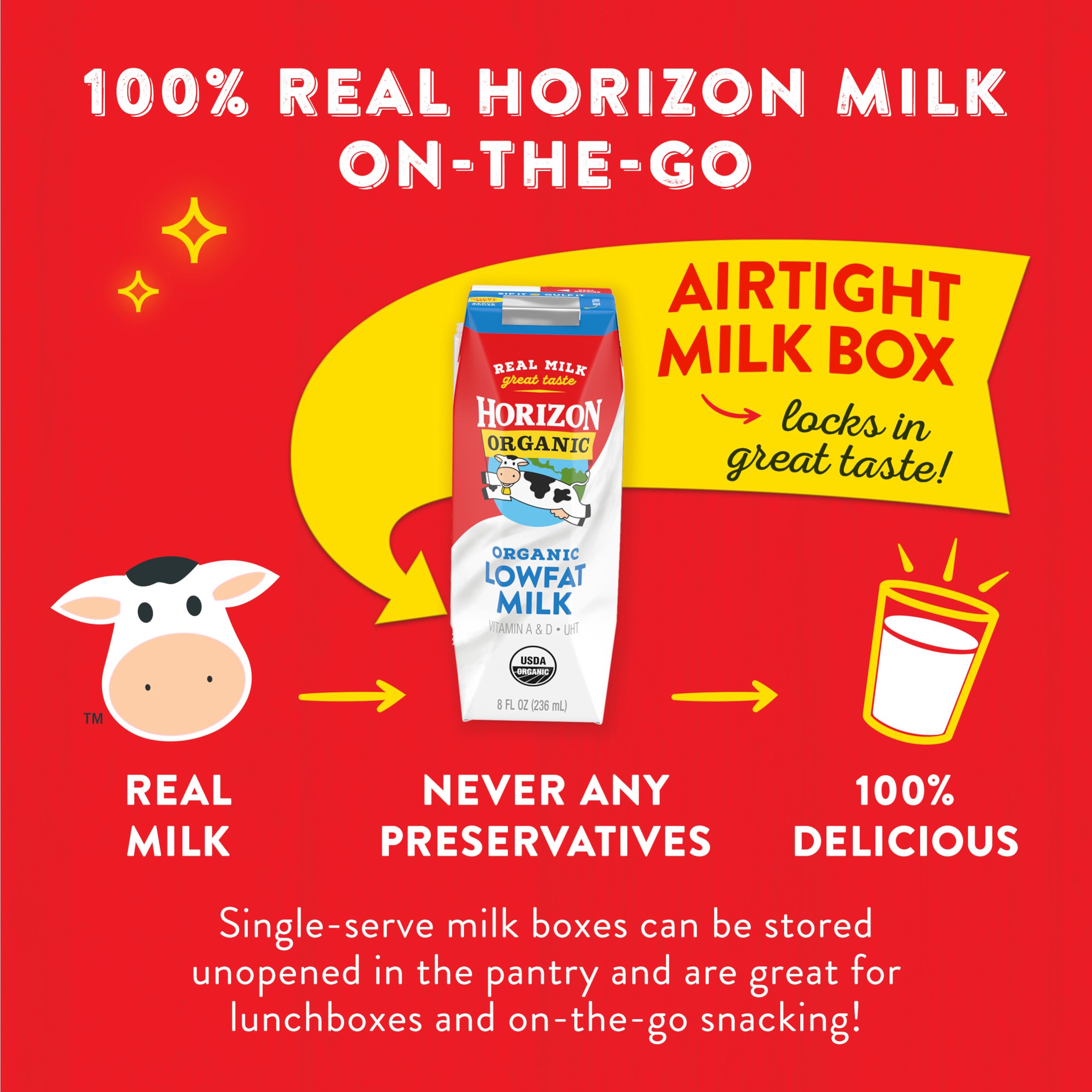 Horizon Organic carton tucked in a lunchbox offering portable organic snack benefit