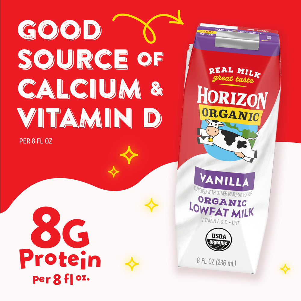 horizon organic pouring chocolate milk into a glass for serving