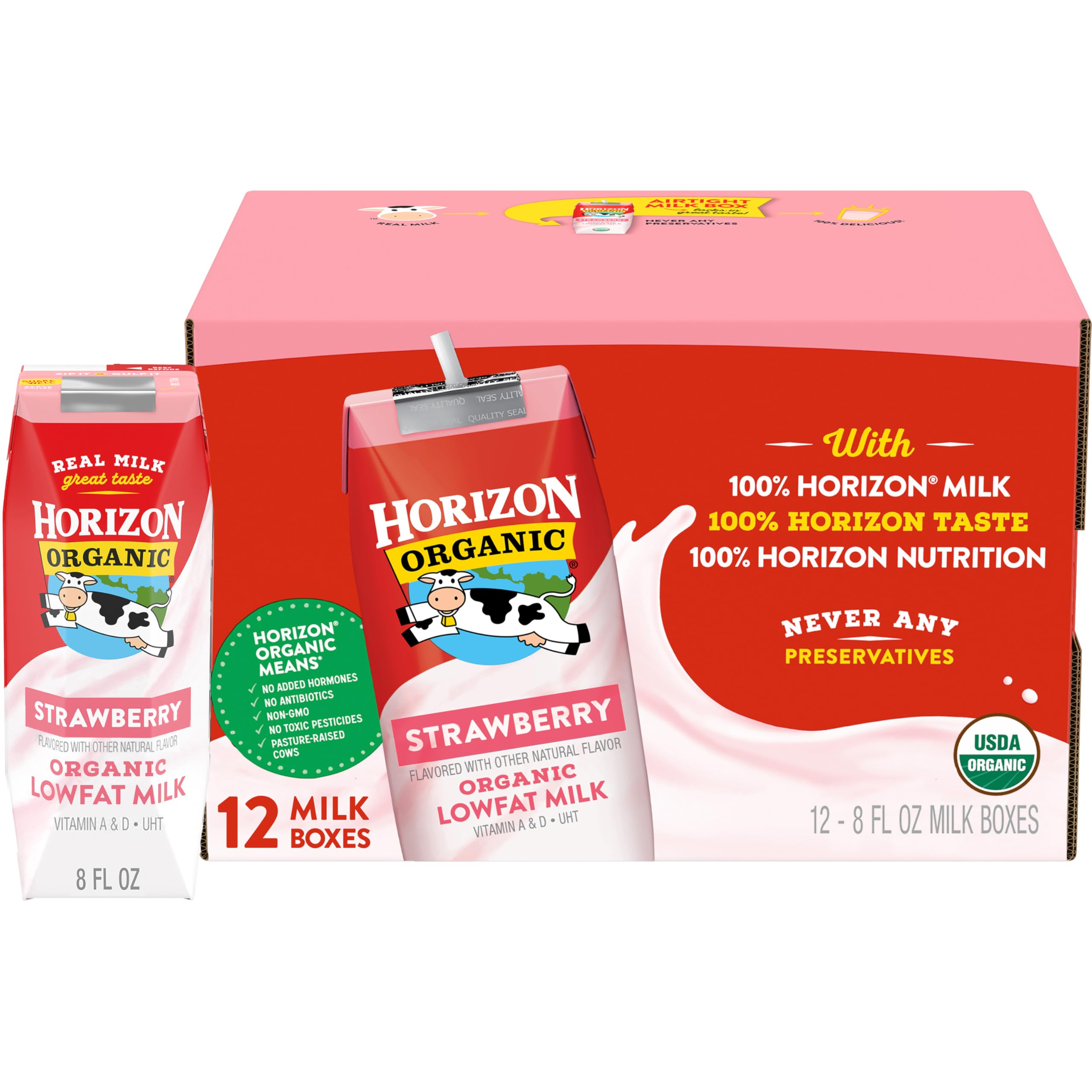 Horizon Organic front carton showing strawberry milk benefits