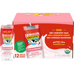 Horizon Organic front carton showing strawberry milk benefits