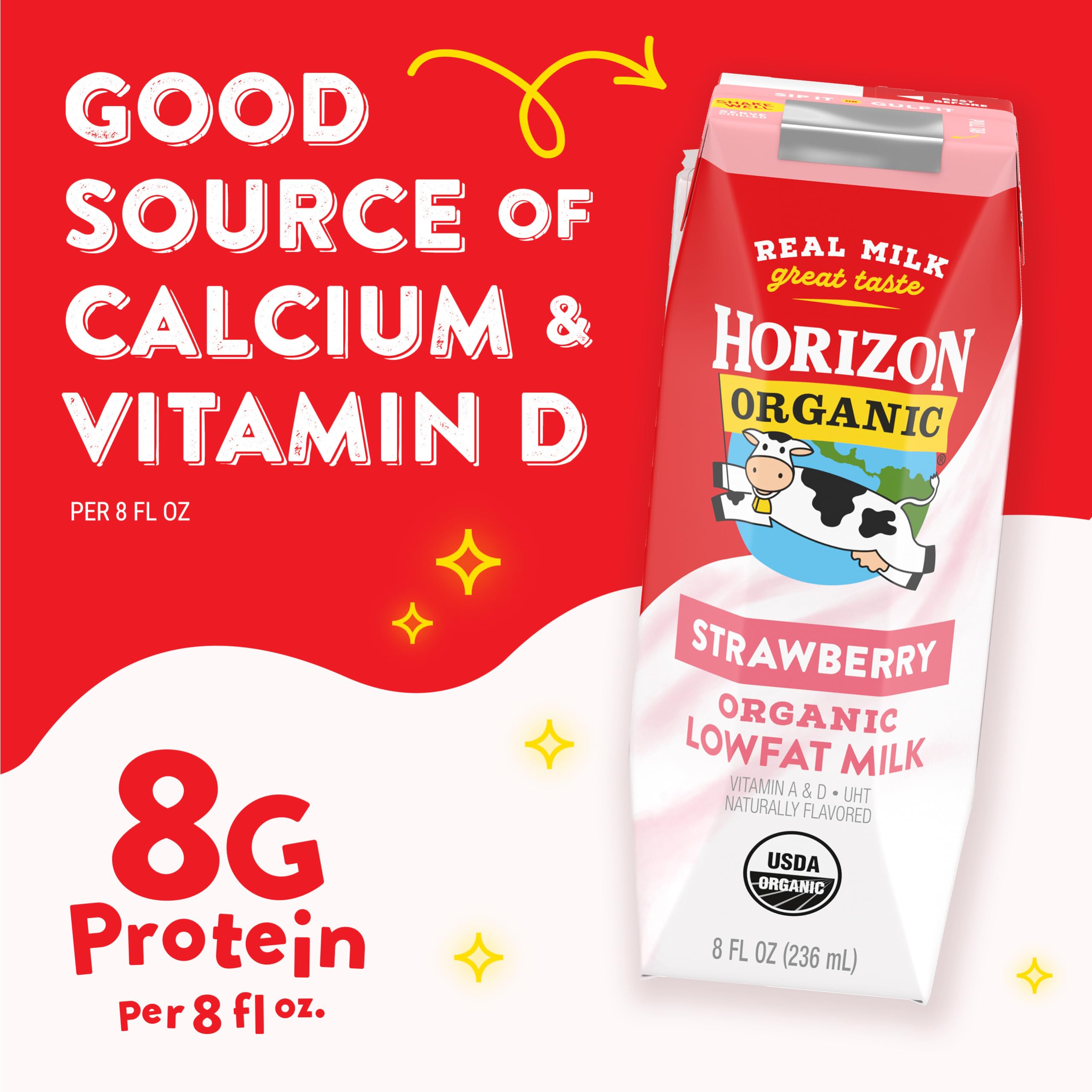 Hand holding Horizon Organic carton to show single-serve scale