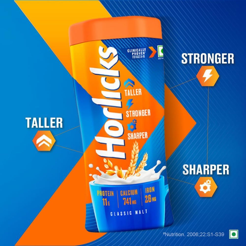 Horlicks 1000g pack next to common items showing pantry-friendly size