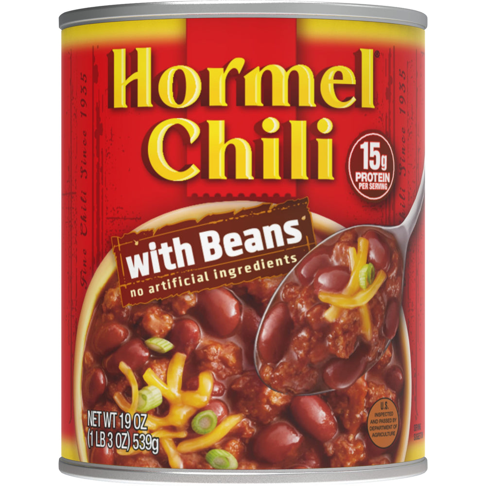 Hormel Chili front can showing label and serving suggestion, convenient pantry staple