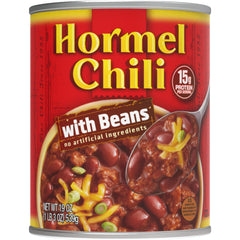 Hormel Chili front can showing label and serving suggestion, convenient pantry staple