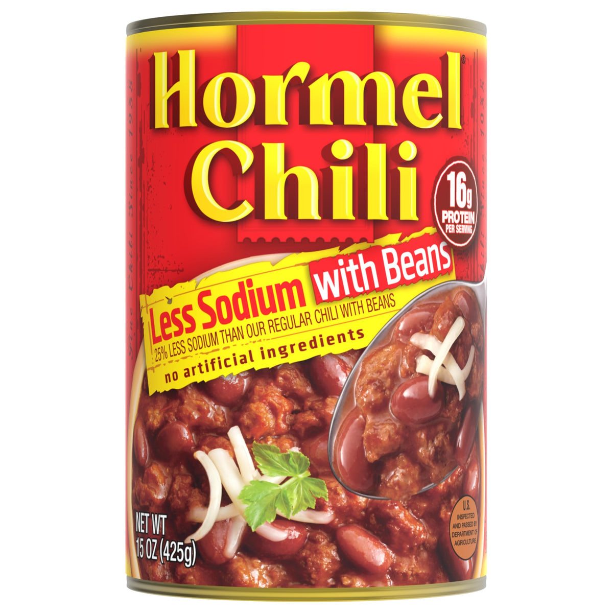 Hormel Chili front packaging shows label and can, convenience for quick meals