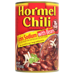 Hormel Chili front packaging shows label and can, convenience for quick meals