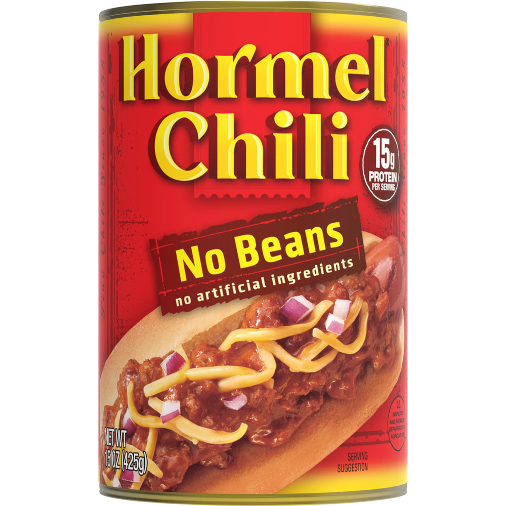 Hormel Chili no beans front packaging shows label and serving suggestion benefit