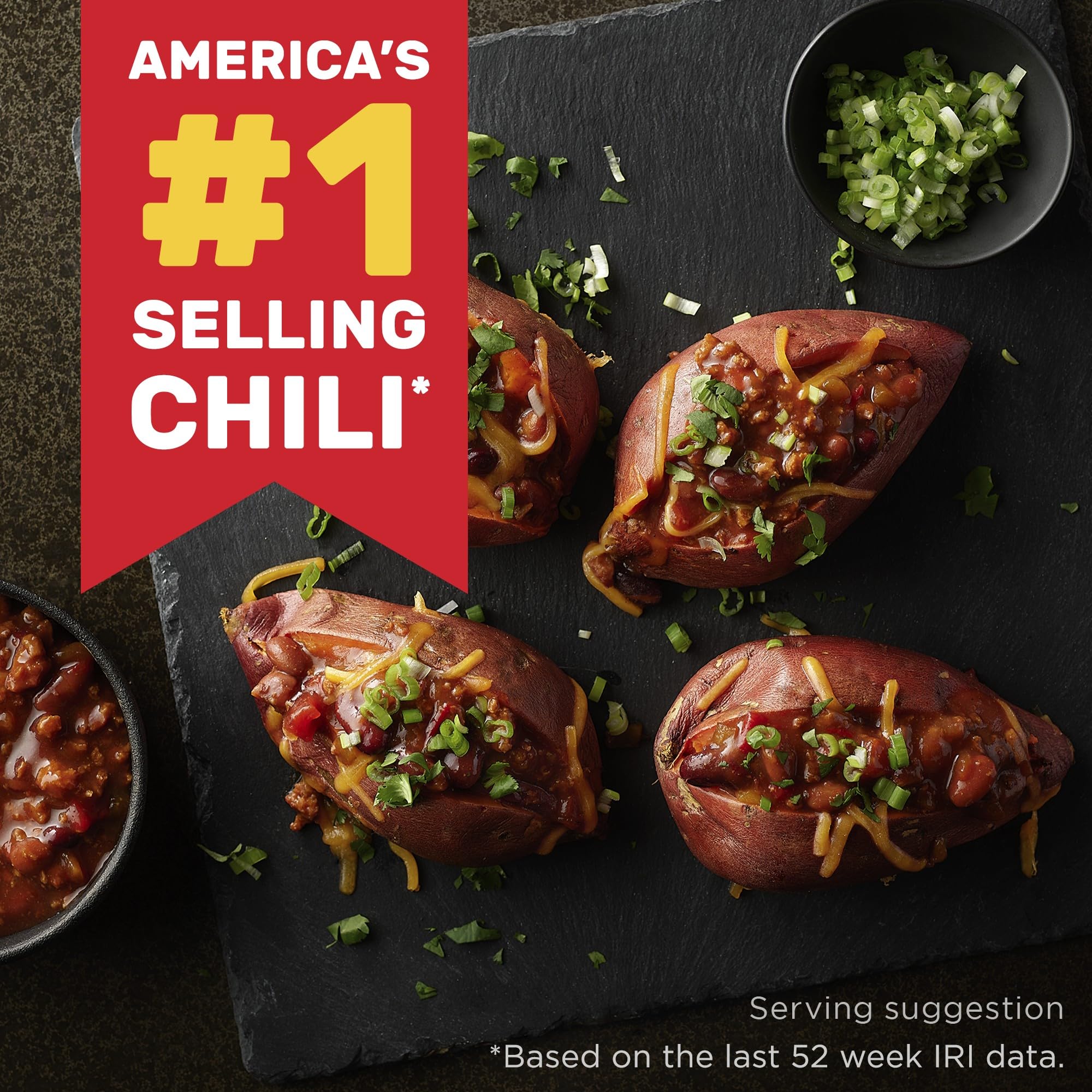 Hormel Chili open can top view showing hearty beans and seasoning benefit