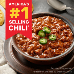 Hormel Chili no beans close-up pour displaying thick texture and quick serving benefit