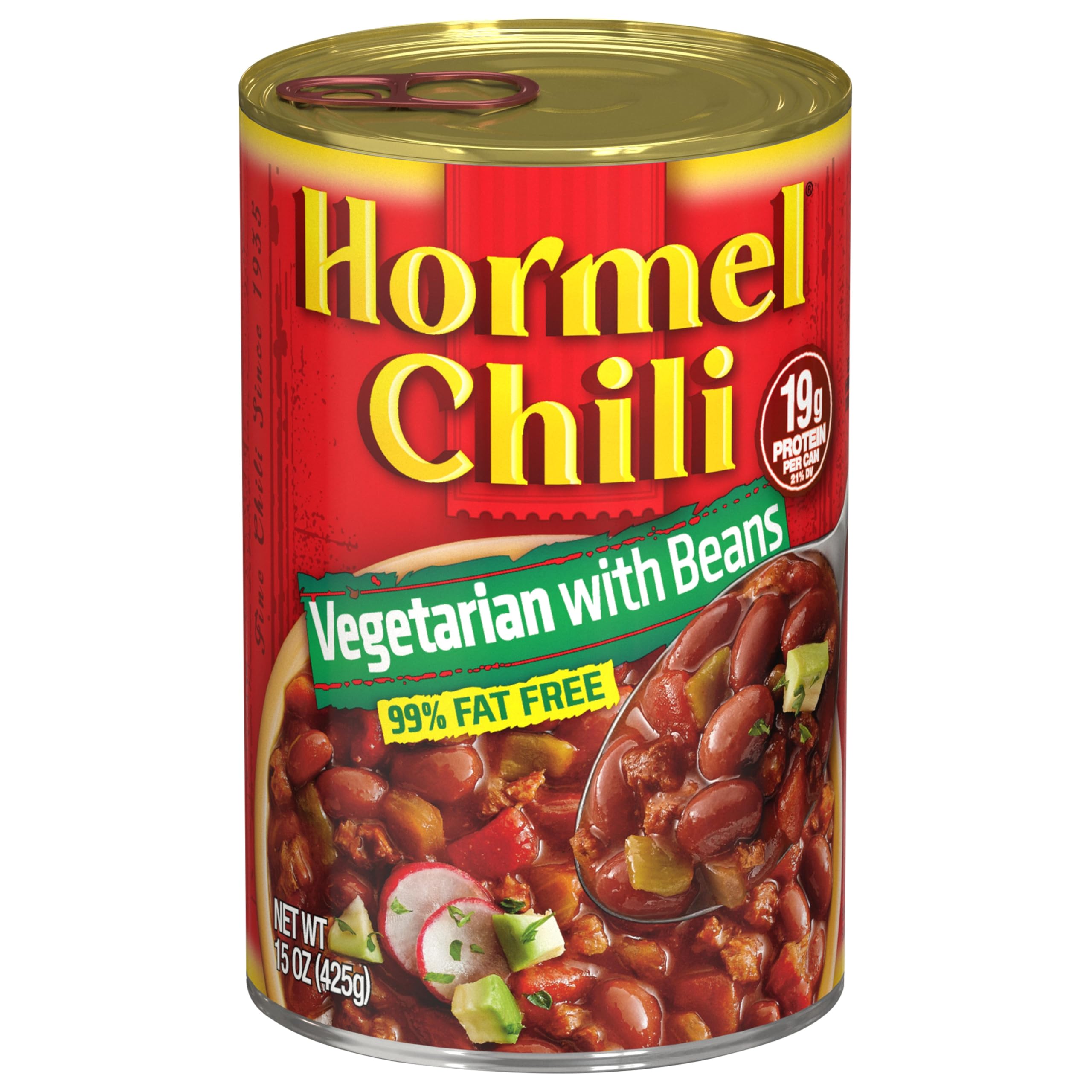 Hormel Chili vegetarian front packaging showing label and 15 oz can benefit quick meals