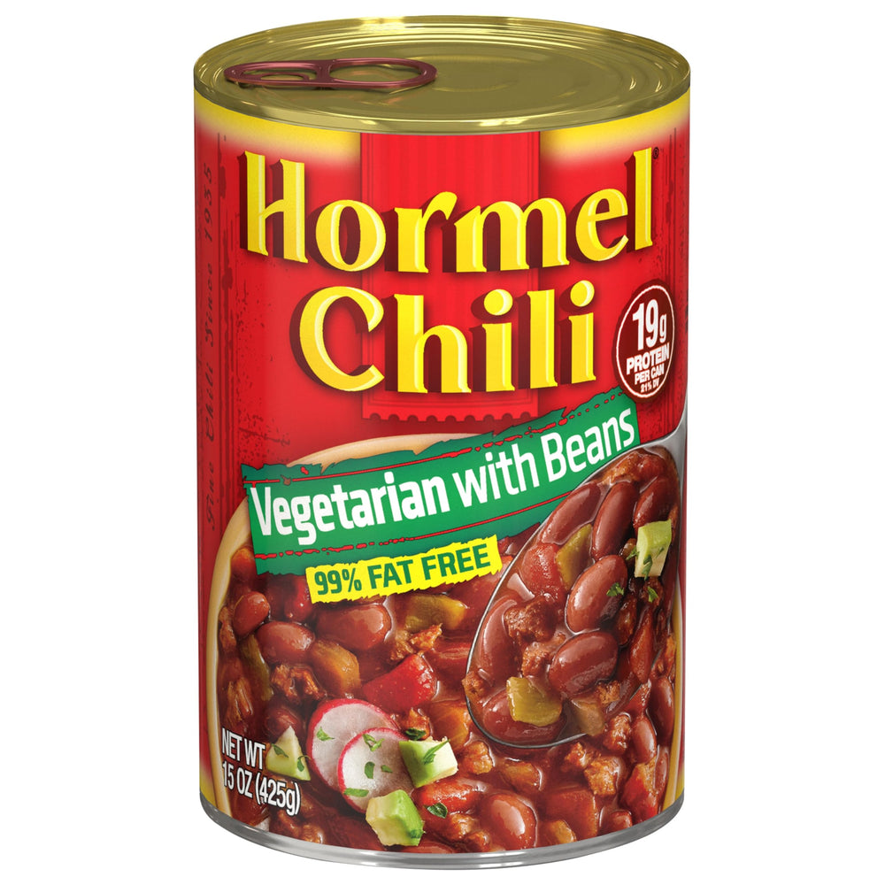 Hormel Chili vegetarian front packaging showing label and 15 oz can benefit quick meals