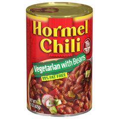 Hormel Chili vegetarian front packaging showing label and 15 oz can benefit quick meals