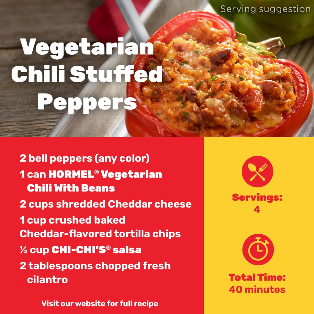 Twelve-pack of Hormel Chili vegetarian in pantry setting illustrating bulk value and storage ease
