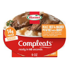 HORMEL COMPLEATS front packaging showing six 9 oz trays and quick prep benefit
