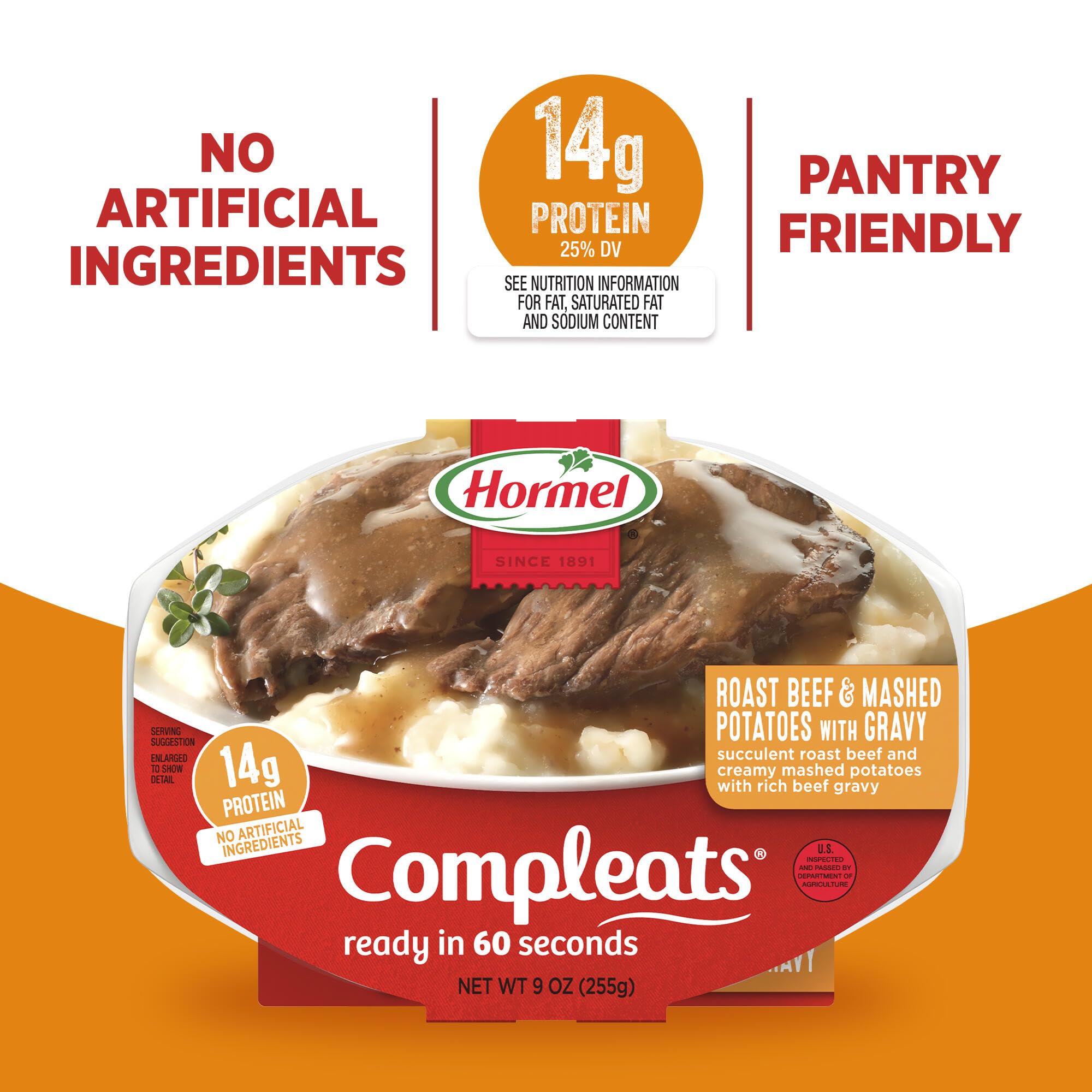 HORMEL COMPLEATS nutrition label close-up showing protein info and ingredient transparency