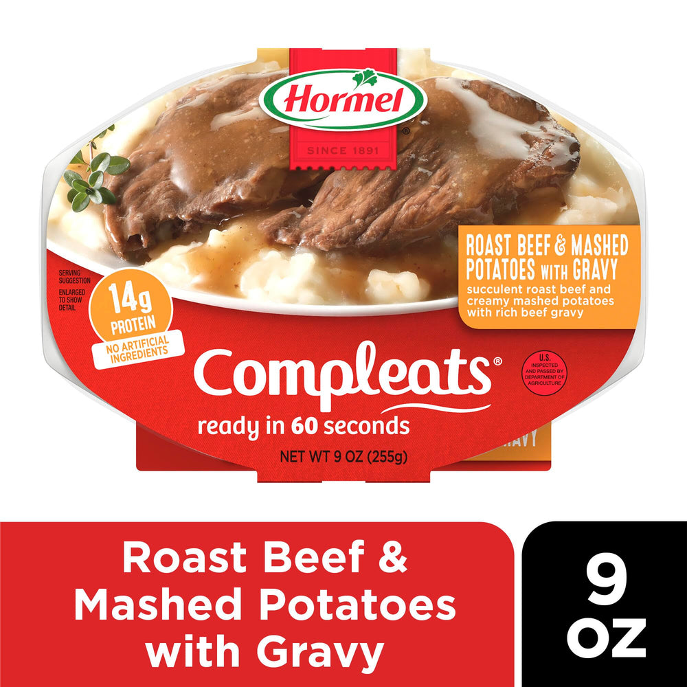 HORMEL COMPLEATS open microwave tray with ready meal illustrating fast convenience