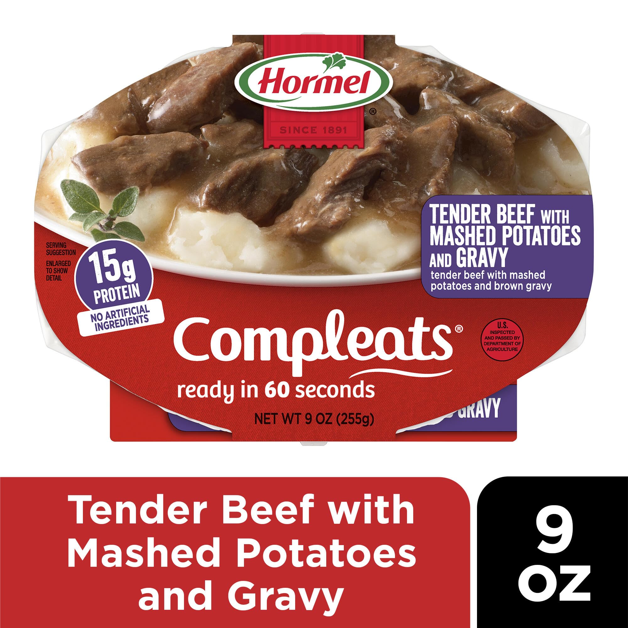 Hormel COMPLEATS open microwave tray top-down view showing ready-to-eat convenience