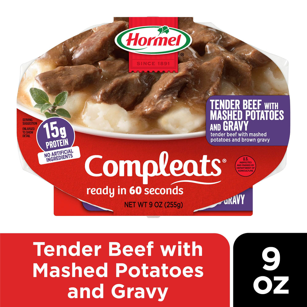 Hormel COMPLEATS open microwave tray top-down view showing ready-to-eat convenience