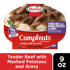 Hormel COMPLEATS open microwave tray top-down view showing ready-to-eat convenience