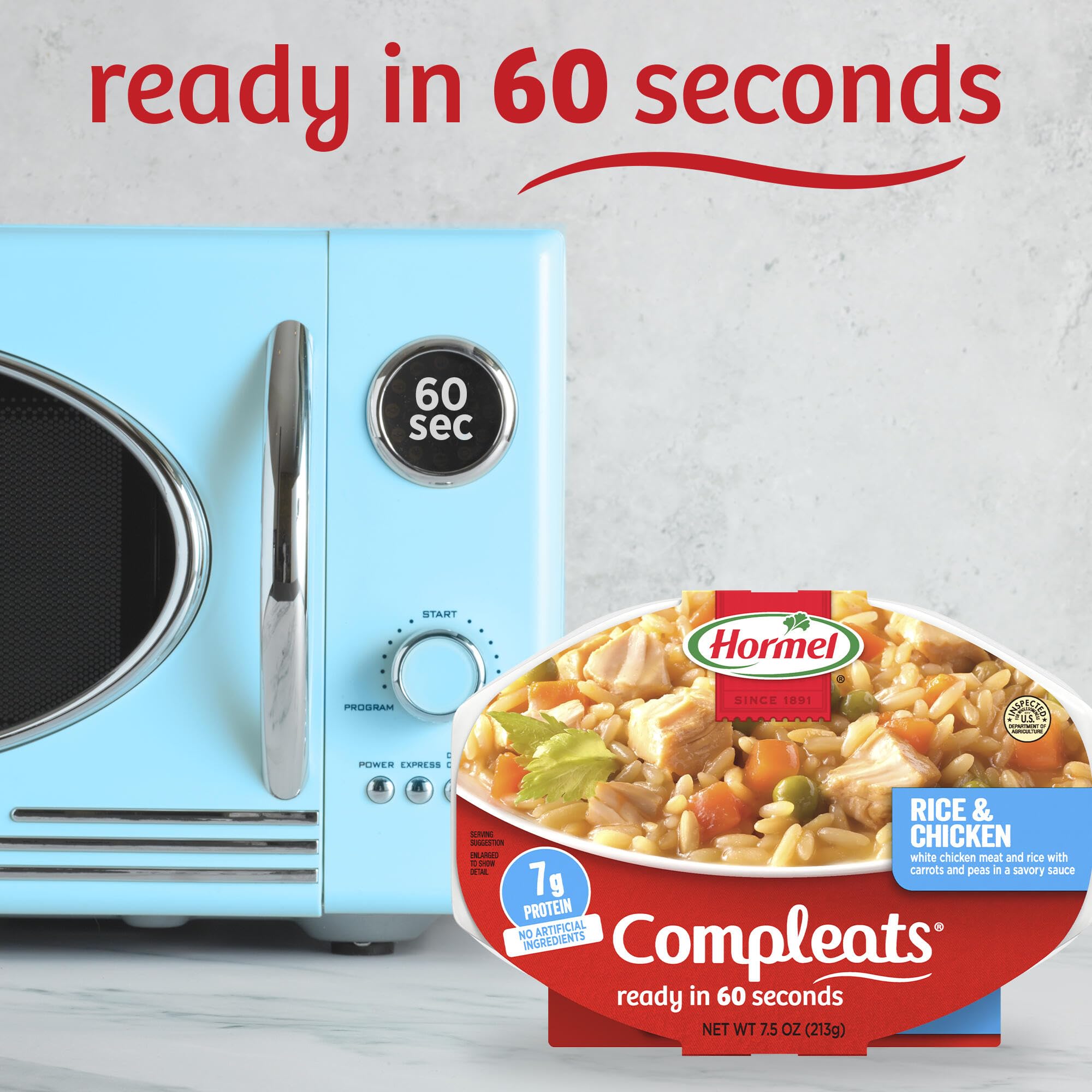 HORMEL COMPLEATS tray inside microwave illustrating 60-second heat convenience