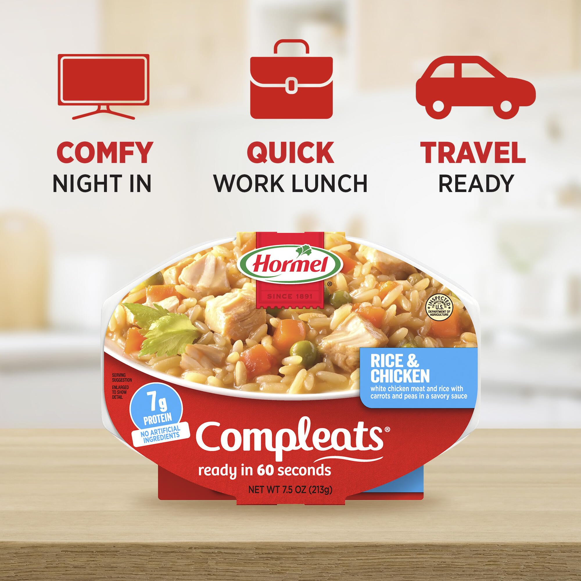 HORMEL COMPLEATS visible carrots and peas highlighting vegetable inclusion and flavor