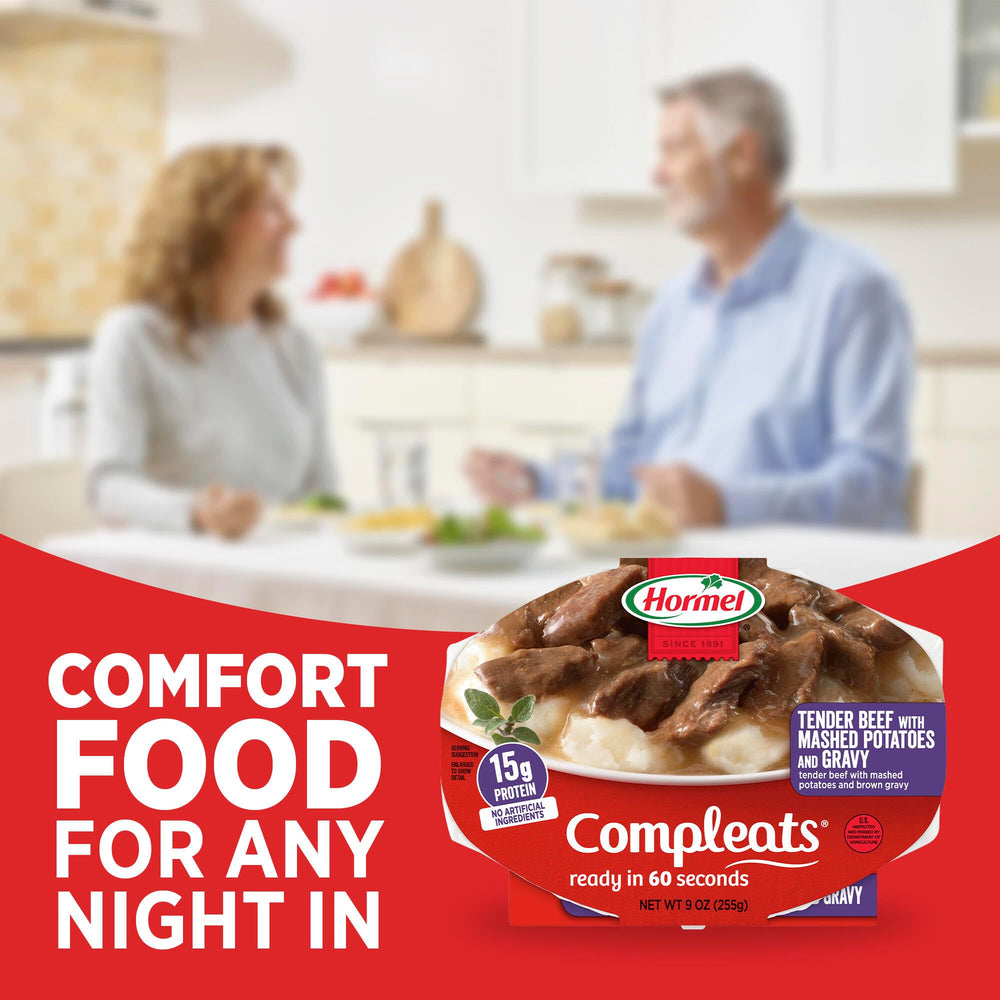 Hormel COMPLEATS plated on a dining table showing satisfying meal appeal