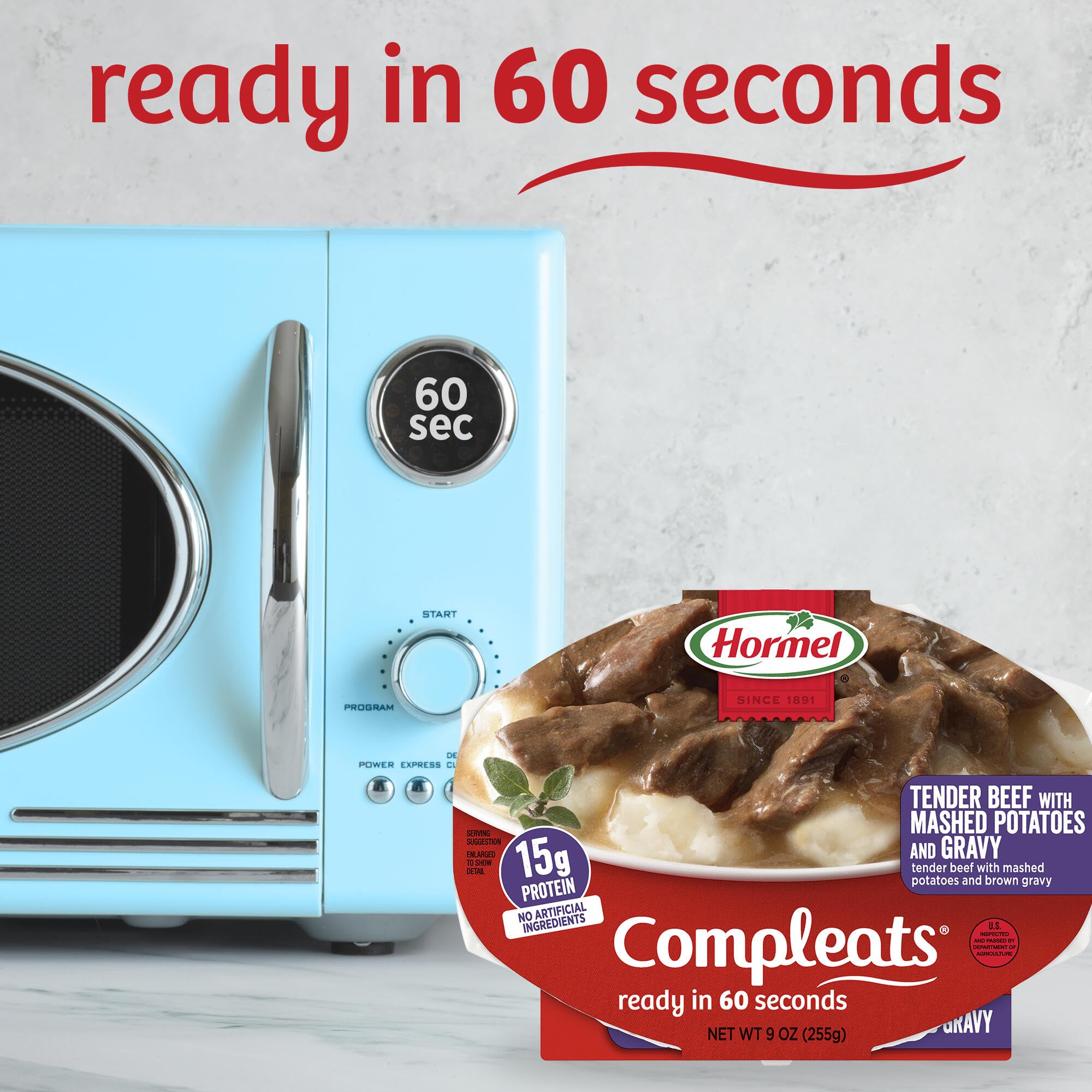 Hormel COMPLEATS side label and nutrition panel showing protein content