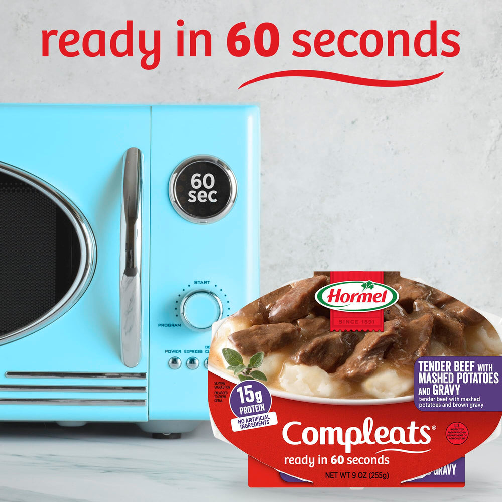 Hormel COMPLEATS side label and nutrition panel showing protein content