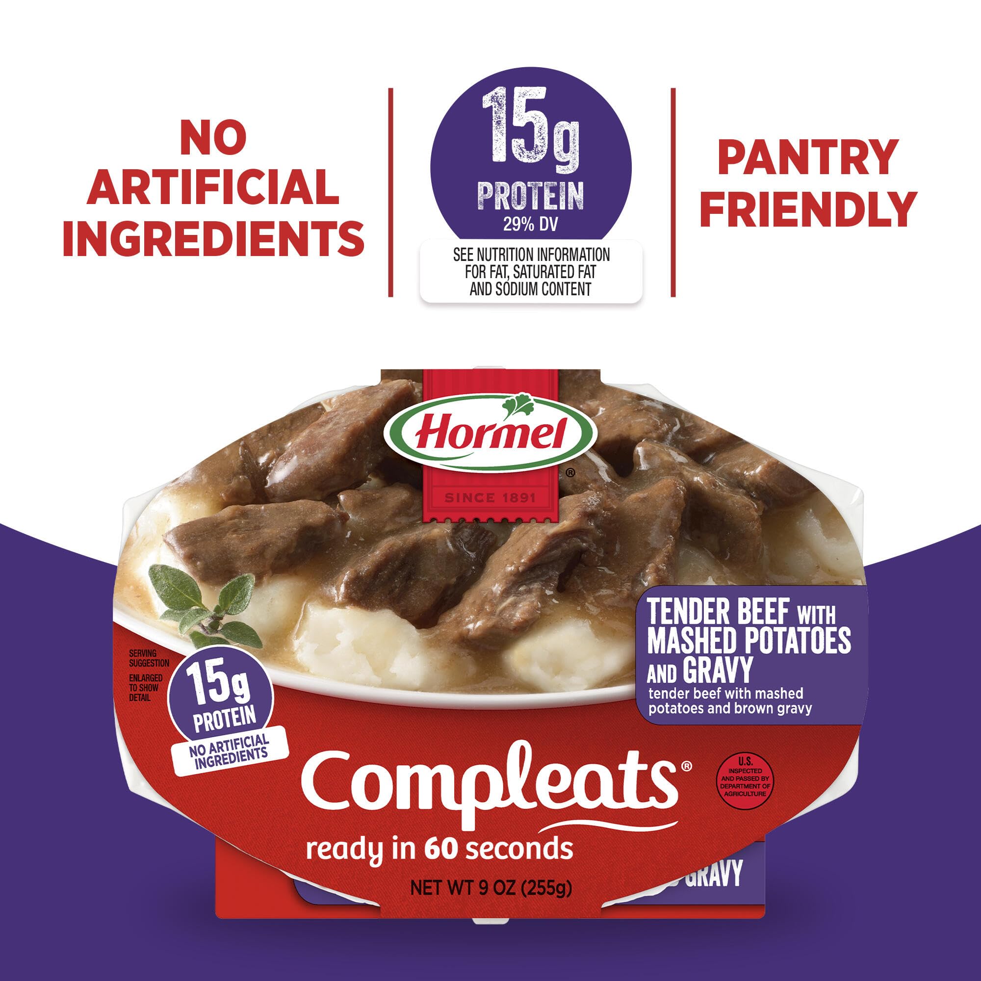Hormel COMPLEATS tray next to a hand for scale showing single-serve portion