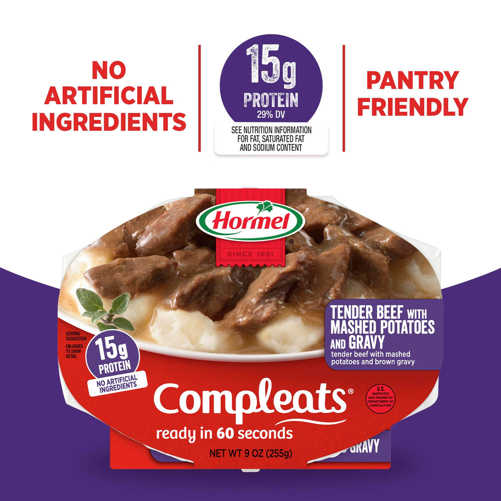 Hormel COMPLEATS tray next to a hand for scale showing single-serve portion