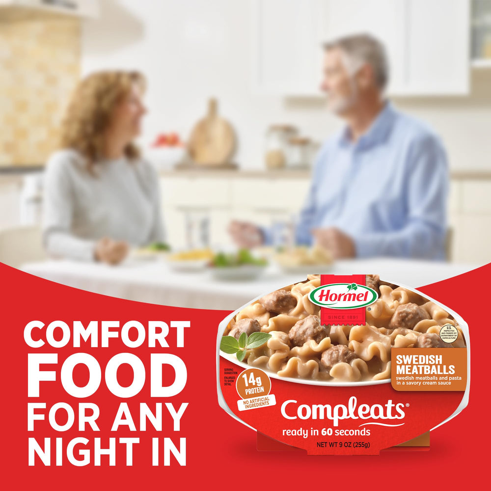 HORMEL COMPLEATS tray in hand demonstrating single-serving portability