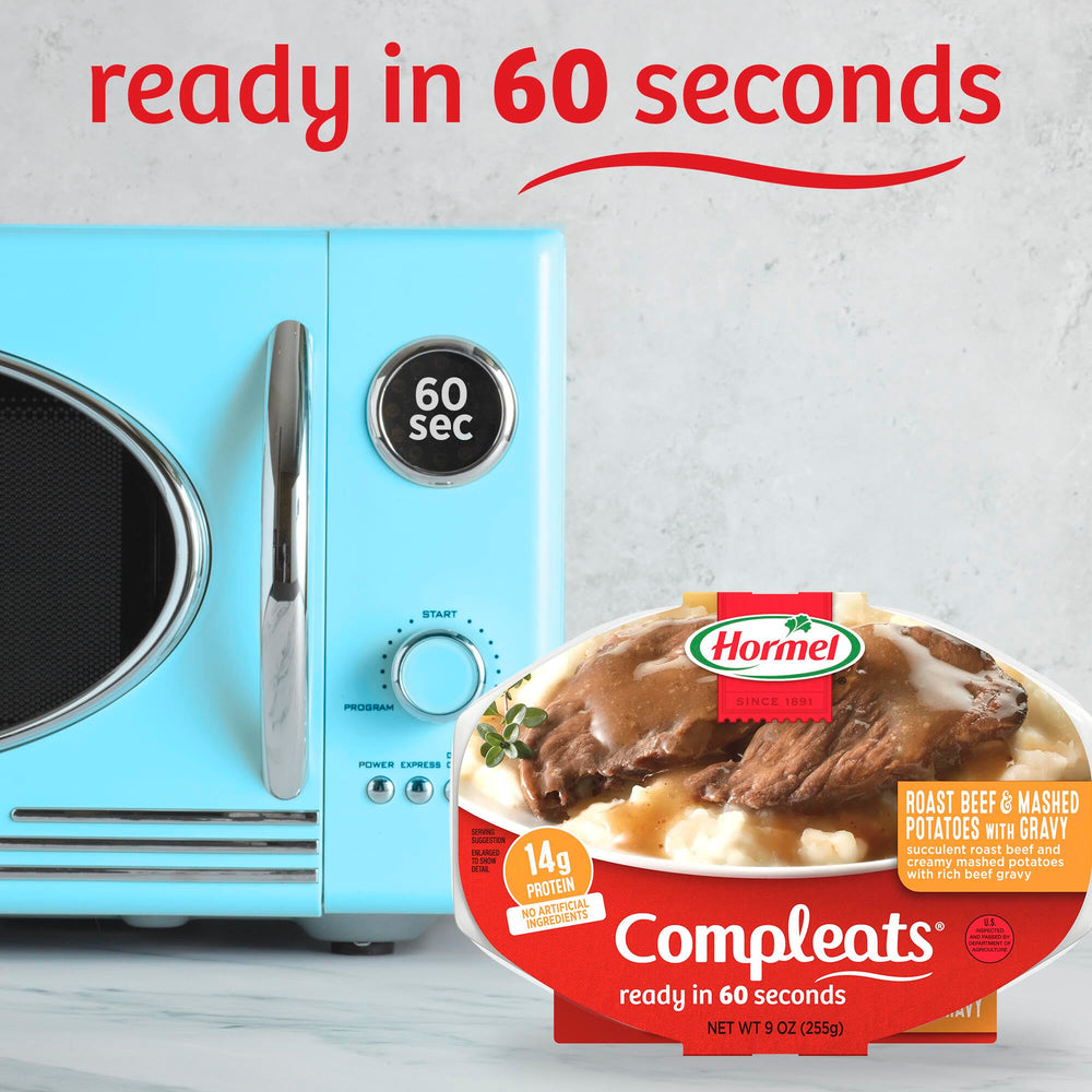 HORMEL COMPLEATS tray inside microwave demonstrating easy one-minute heating