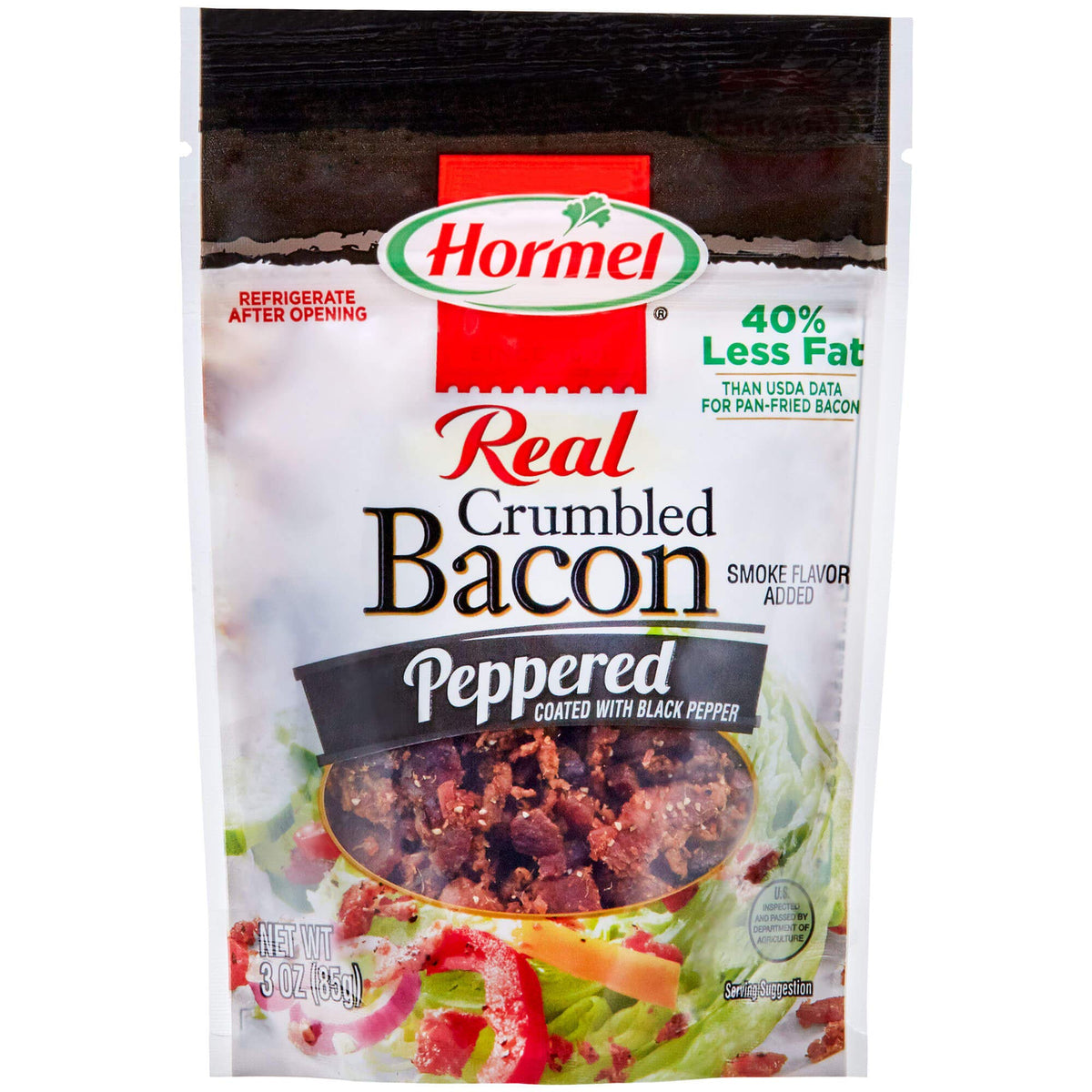hormel front packaging shows peppered bacon crumbles and branding convenience