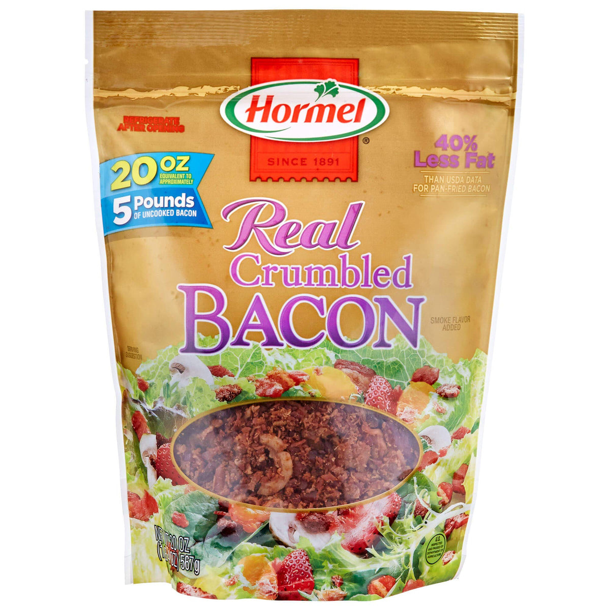 Hormel Premium crumbled bacon pouch front view, shows brand and convenient resealable pouch