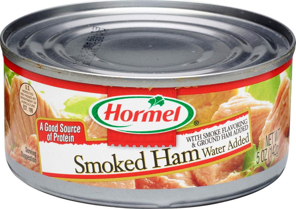 HORMEL smoked ham front packaging showing the 5 oz can and branding, convenient pantry protein